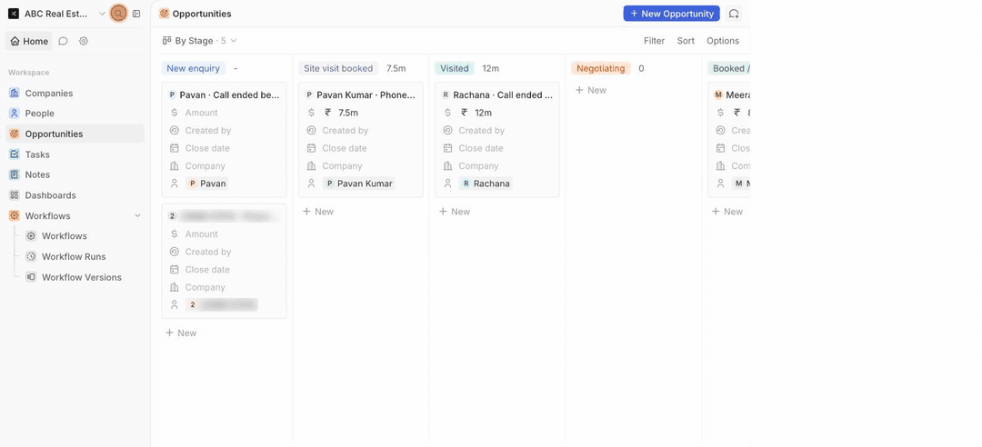 Animated: searching for a contact, then the dashboard with pipeline value by stage