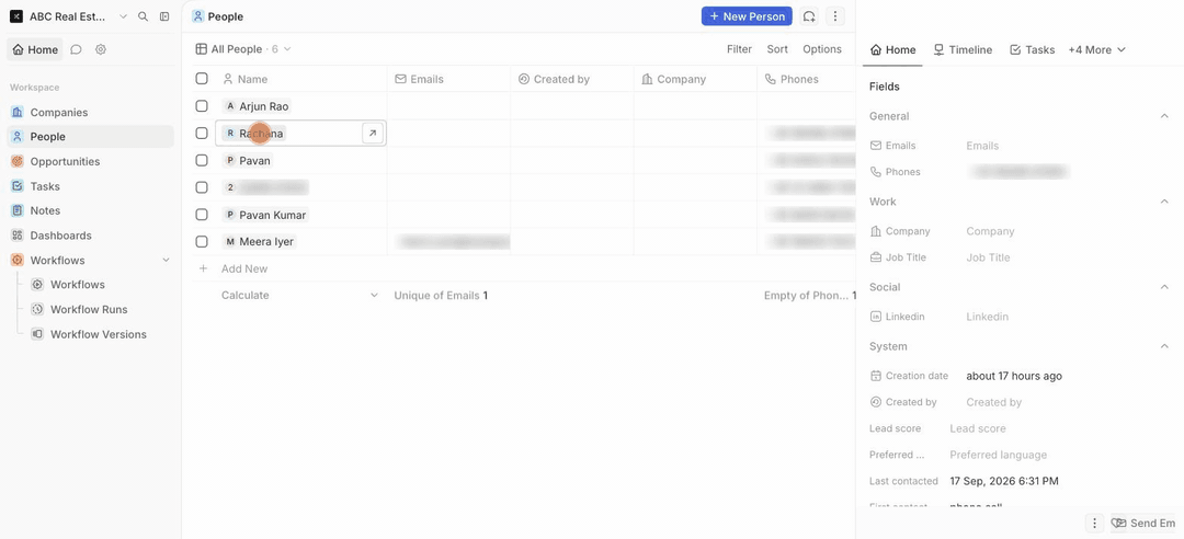 Animated: People, opening a contact, the Notes tab and a call note with recording link and transcript