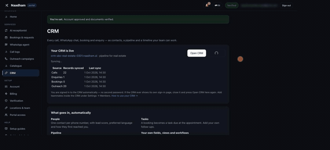 Animated: the Naadham portal CRM page, Sync now, then the CRM opening inside the portal