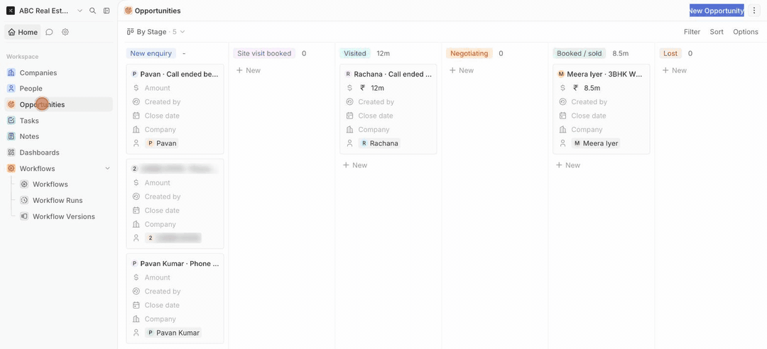 Animated: Opportunities, switching to the By Stage board, opening a deal and moving it to Site visit booked