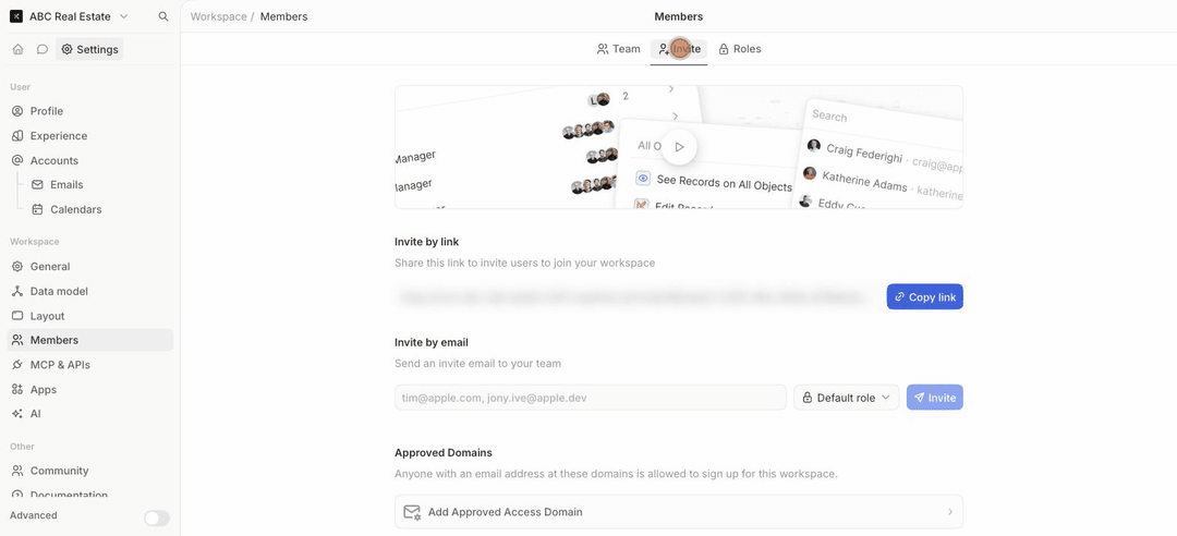 Animated: Settings, Members, Invite tab with invite link and invite by email